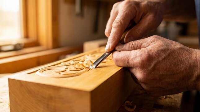 wood carving craftsman hands artisan workshop handmade detail skill carpentry closeup showing careful chisel work on decorative block for heritage craft luxury making trade education and maker culture