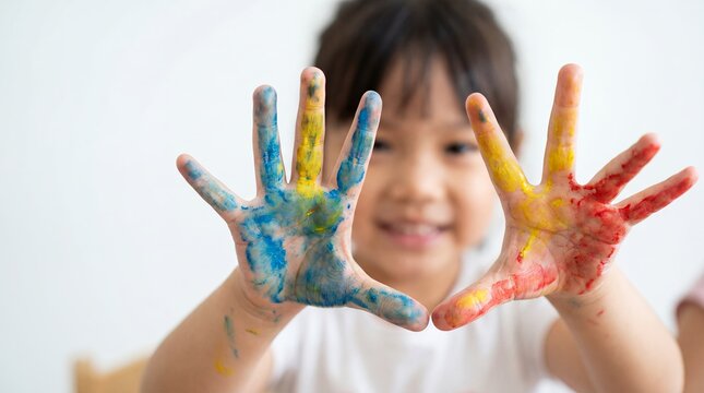 child painted hands colorful creativity art play preschool education messy fun childhood expression with smiling girl holding bright palms forward for learning craft therapy imagination and family