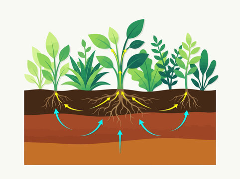 Educational Illustration of Plant Root System and Nutrient Absorption Process in Soil, Ecology and Biology Concept Vector
