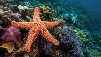 Obraz premium Brightly colored starfish engaging with textured coral reefs in ocean environment