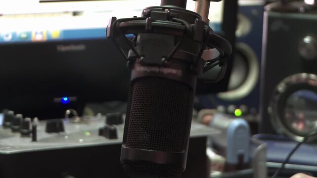 Professional Audio Equipment And Computer Monitor In Radio Studio - 4K