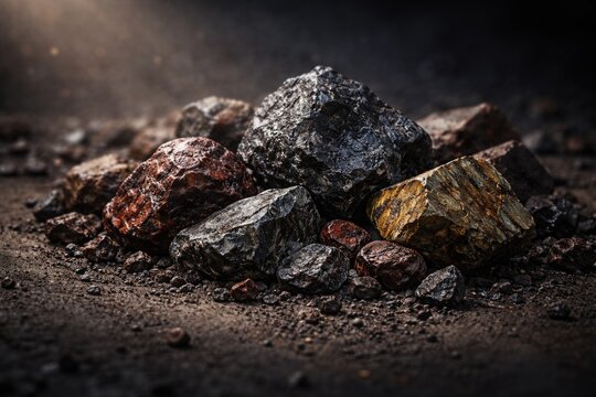 Metallurgical raw iron ore rocks including magnetite hematite and siderite for metallic extraction with copy space