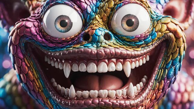 Close-up macro of a fantasy creature face featuring large bulging eyes, a wide smiling mouth with human-like teeth, and iridescent metallic scales in blue, gold, and purple.