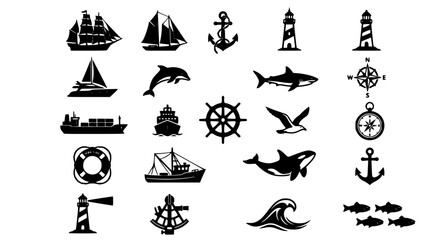 Marine nautical silhouette vector icon set ships anchors dolphins and lighthouse symbols isolated on white background © MstMonalisa
