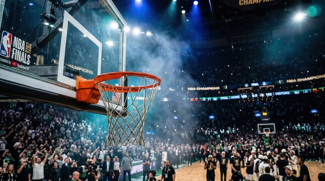 NBA Finals basketball arena filled with cheering crowd and glowing backboard.