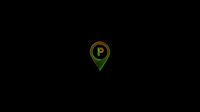 Neon glowing Parking Icon Pin Marker video animation on black background. Parking location, icon of parking location animation. Neon car, cycle, truck, motorcycle, zeep parking sign video animation.