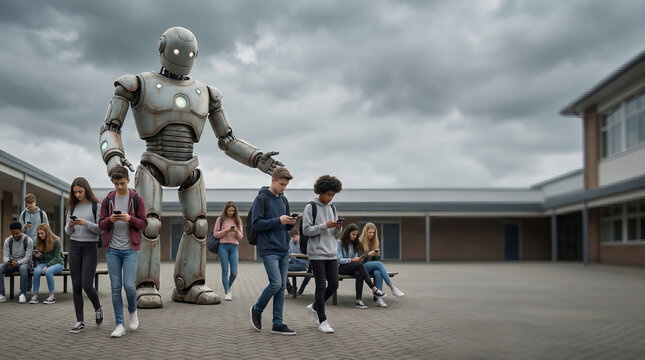 Large humanoid robot stands in schoolyard with group of students walking around under cloudy sky near modern building.