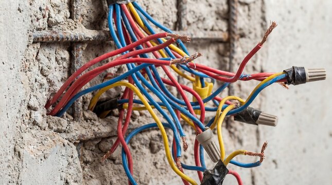 Exposed colorful wires protrude from a concrete wall with metal grid
