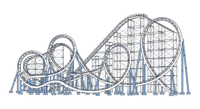 Detailed blueprint sketch of a complex roller coaster structure with multiple loops and tracks for an amusement park ride design project.