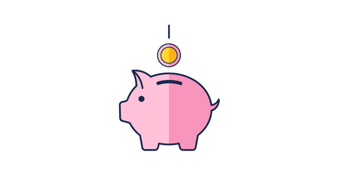 A pink piggy bank with a coin.