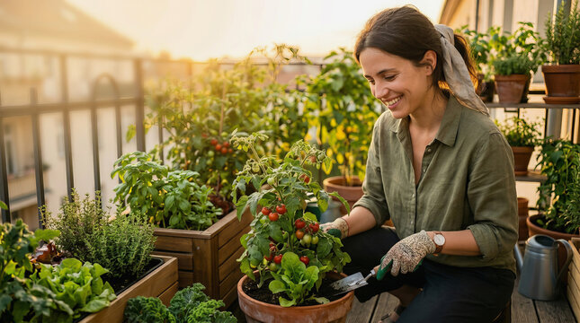 Mulher sorridente cuidando de plantas em vaso no jardim de varanda ao entardecer, com hortali?as e ervas crescendo ao redor.