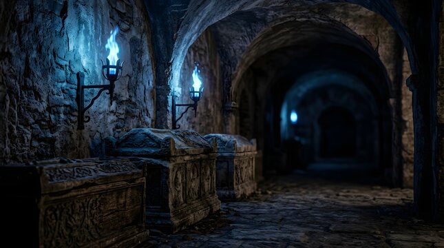 Ancient stone sarcophagi in a dark dungeon hall with magical blue flames