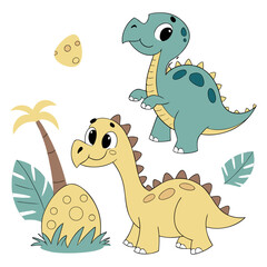 Obraz premium Cute cartoon dinosaurs and spotted egg in tropical nature landscape