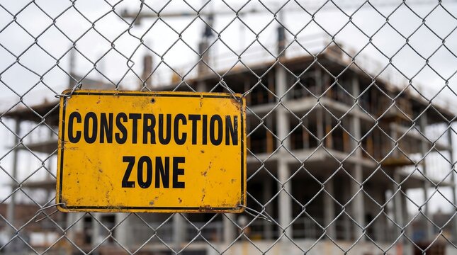 A construction zone sign hangs on a chain link fence in front of a building under construction.