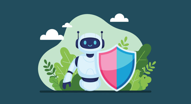 Friendly white robot holding a large protective shield with pink and blue sections to represent artificial intelligence security and safety.