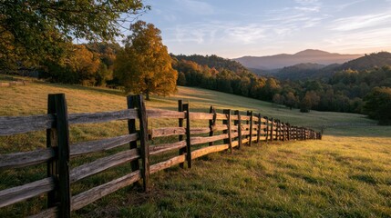 Fototapeta premium Rustic wooden fence in a rolling countryside meadow at sunset