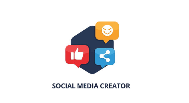 Social media creator logo with thumbs up share and smile icons.