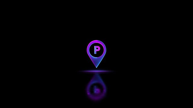 Neon glowing Parking Icon Pin Marker video animation on black background. Parking location, icon of parking location animation. Neon car, cycle, truck, motorcycle, zeep parking sign video animation.