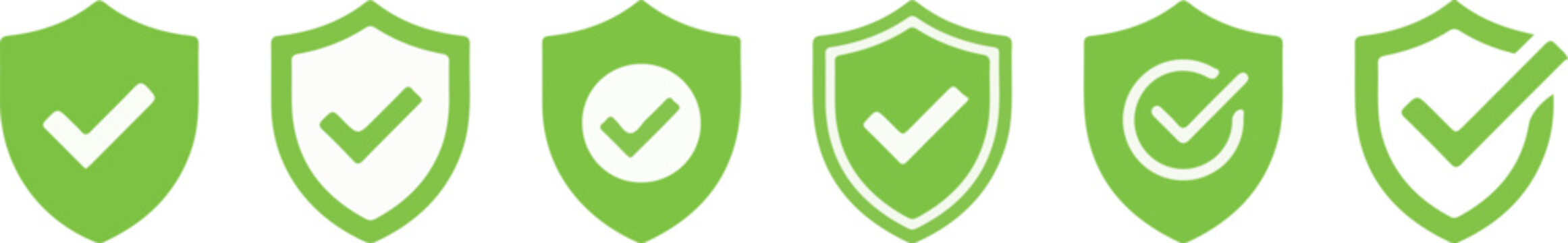 green shield checkmark icon set solid and outline flat design for security protection trust and verified badge app
