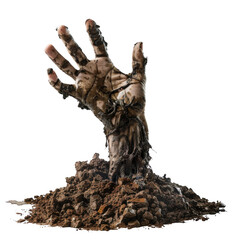 Fototapeta premium A skeletal hand emerging from a pile of dark, decaying organic matter isolated on transparent background