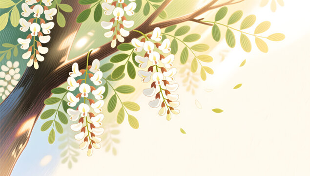 Fresh and healing scenery of white locust flowers blooming on branches in early summer