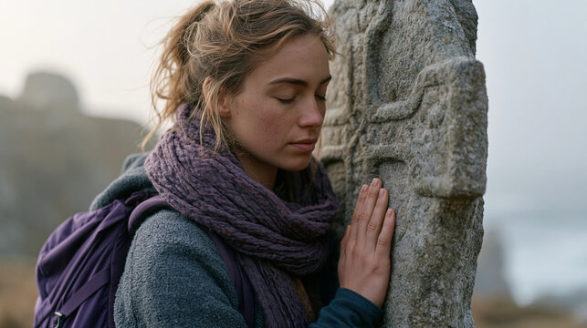 Solo female hiker stops at a carved stone cross on a foggy coastal cliffside, removing her pack and pressing her palm flat against the ancient surface, her expression combining exhauon with spiritua