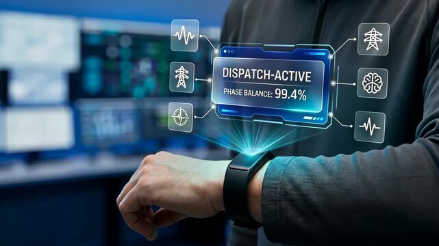 The technician using holographic smartwatch wearable for substation phase balancing, smart grid monitoring, future workforce