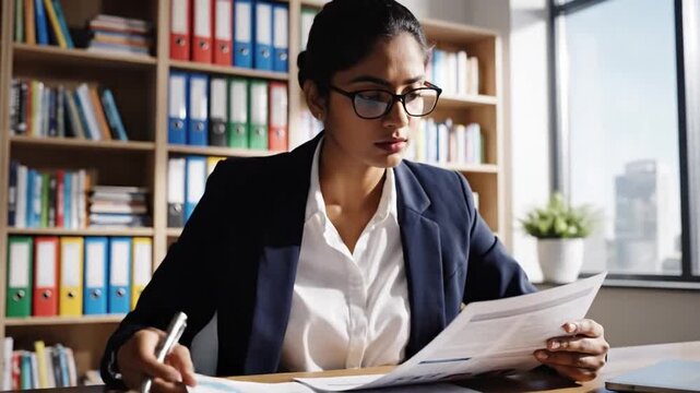 Analyzing financial information with charts and documents. Office environment with financial documents and cityscape view. Examining and reviewing financial reports in modern office overlooking city