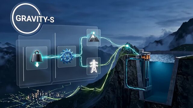 A gravity energy storage tower in mountains with hydro turbine and data HUD, smart grid monitoring, clean power tech