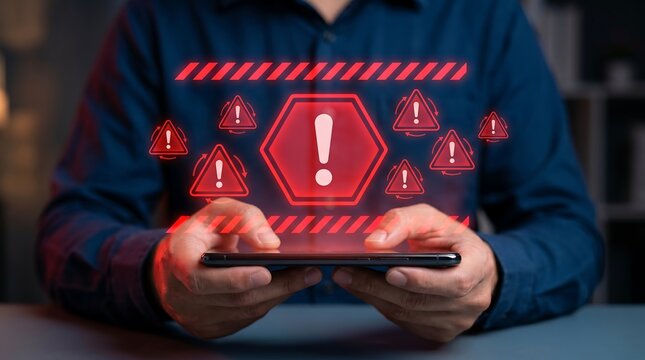 Person holding smartphone displaying glowing red exclamation mark hazard icons and warning tape graphic representing digital safety threat or software security vulnerability