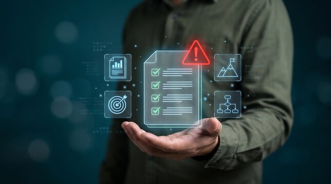 Person holding glowing digital document file icon with warning triangle and business process flowcharts representing project management risk assessment or audit failure