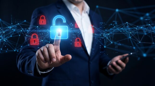 Business professional touching glowing digital padlock icon with connected network nodes representing secure data encryption and advanced cybersecurity infrastructure solutions