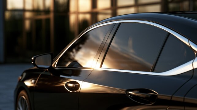 Side view of modern black luxury car exterior in evening light