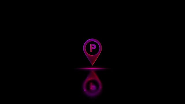 Neon glowing Parking Icon Pin Marker video animation on black background. Parking location, icon of parking location animation. Neon car, cycle, truck, motorcycle, zeep parking sign video animation.