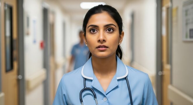 Concerned indian nurse walking down hospital corridor feeling worried while working in busy healthcare medical facility.