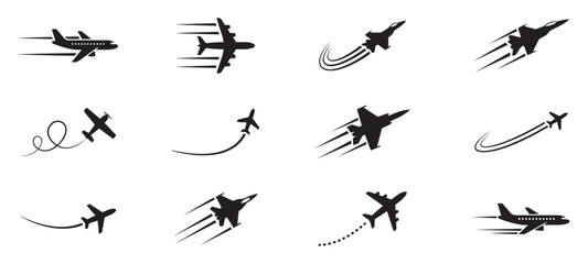 Airplane icon set with flight motion trails. Flying aircraft jet and passenger plane silhouettes. Aviation travel, air force, speed and delivery concept. Flat vector illustration. © Jeremy_Show