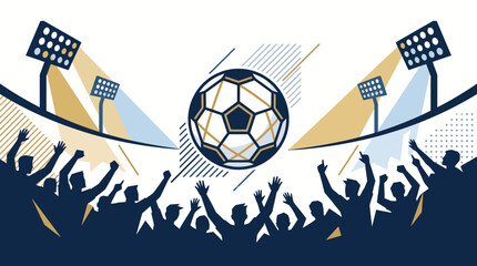Naklejka premium Flying soccer ball above cheering crowd silhouette in stadium vector illustration. 