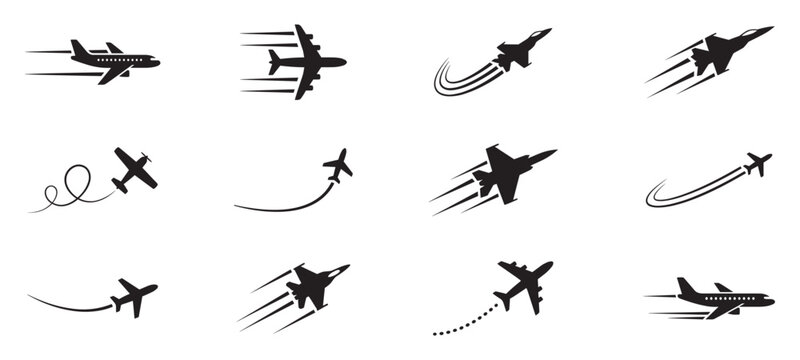 Airplane icon set with flight motion trails. Flying aircraft jet and passenger plane silhouettes. Aviation travel, air force, speed and delivery concept. Flat vector illustration.