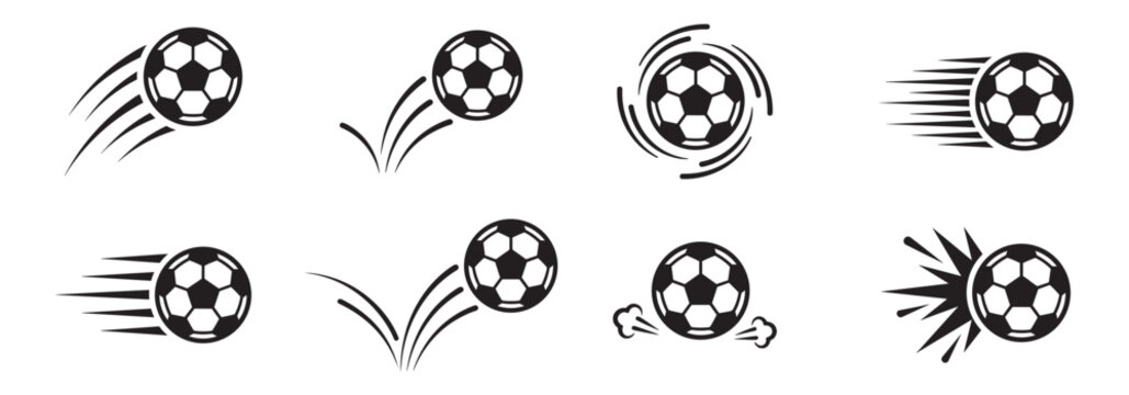 Soccer ball icon set with motion effects. Football ball flying, bouncing, spinning and fast speed movement symbols. Sports action concept. Flat vector illustration isolated on white.