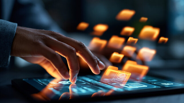 A hand silhouette manages softly defocused digital documents and folders on a glowing tablet with secure file icons in a moody dark office document management faceless detail