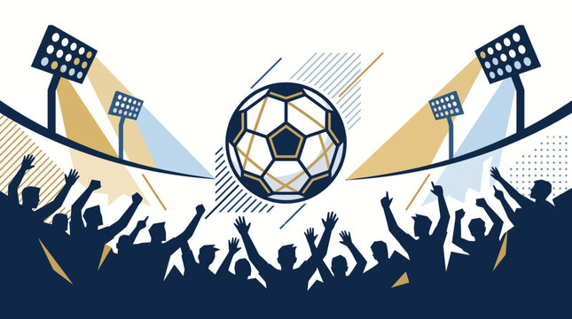 Flying soccer ball above cheering crowd silhouette in stadium vector illustration.
