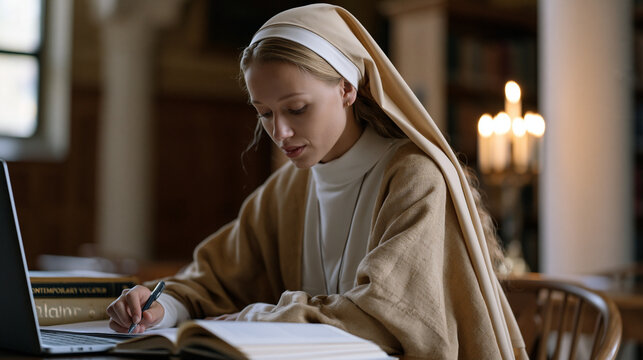 Novice sister sits at a seminary desk in the convent library marking student essays on theology, a bookmarked volume on contemporary religious vocation open beside her laptop, her expression focused