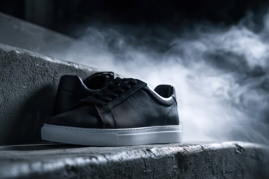 Stylish black leather sneakers with white soles resting on concrete steps amidst atmospheric smoke.
