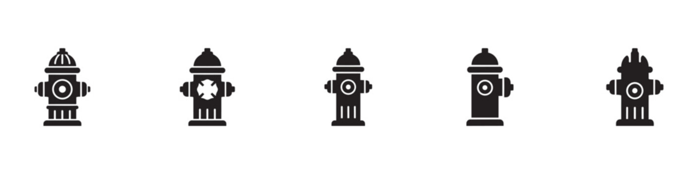 Fire hydrant icon set. Different types of outdoor water plugs for firefighting. Emergency water supply valves and fire protection equipment symbols. Flat vector illustration.
