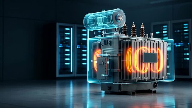 A digital twin smart transformer with a holographic shell and internal thermal heat map, smart grid monitoring, utility