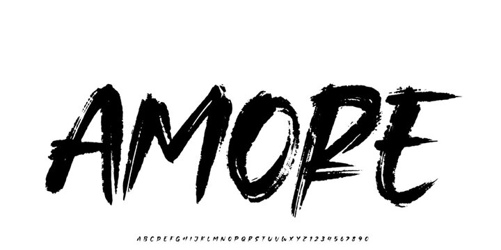 Hand drawn brush grunge alphabet with rough ink texture featuring bold &ldquo;amore&rdquo; lettering composition. This expressive handmade font style includes uppercase characters with distressed edges, 