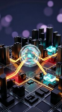 An AI orchestrator core balancing energy flow in dark mode Metropolitan city grid, smart grid monitoring, urban AI