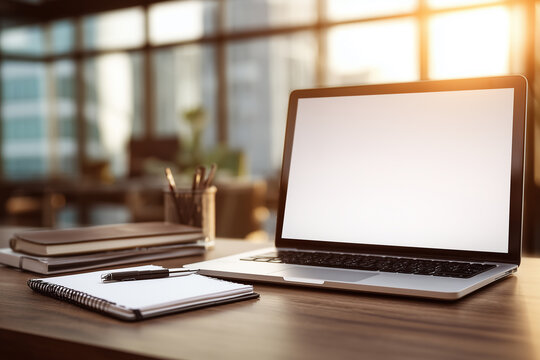 Minimalist home office workspace with a blank-screen laptop on a wooden desk, notebook and pen in soft natural morning light