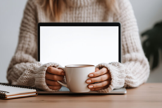 Close-up of a woman in a cozy sweater holding a coffee cup while sitting at a desk with a laptop mockup screen