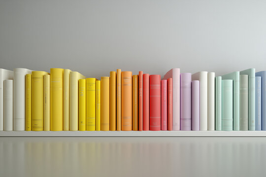 Close-up view of modern white bookshelves filled with books organized by rainbow color gradient. Bright and minimalist library aesthetic with colorful literature collection